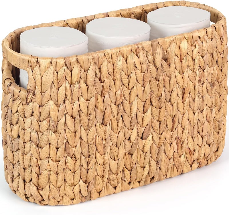 SIEUSALEVN Toilet Paper Storage Holder with Built-in Handles, Water Hyacinth Toilet Papers Holder for up to 6 Mega Rolls, Wicker Toilets Paper Baskets, Decor Bathroom Storage Basket for Countertops,Shelves - Image 1